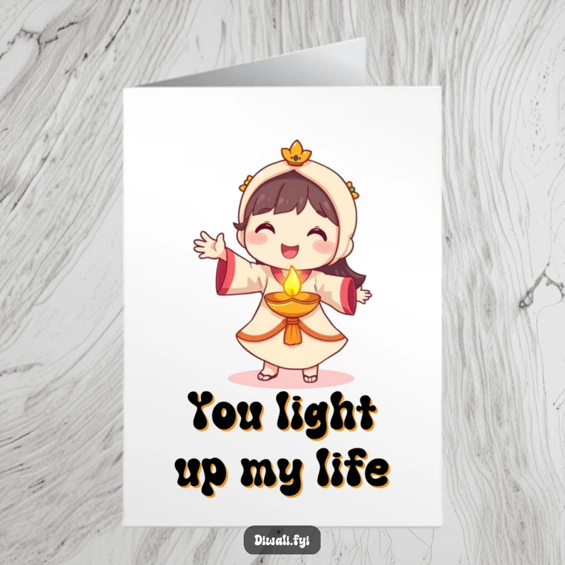 Funny free printable thank you card featuring a smiling character dancing with a small, glowing diya, a beautiful way to express thanks.