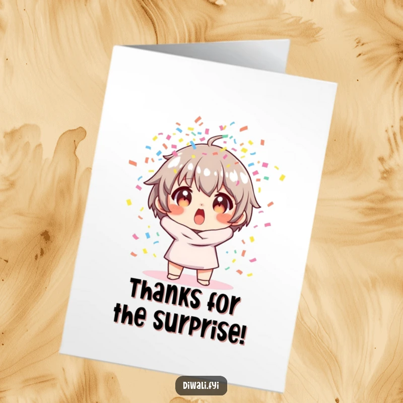 Funny Free Printable Thank You Card: Character looks surprised as colorful confetti explodes around them, expressing thanks.