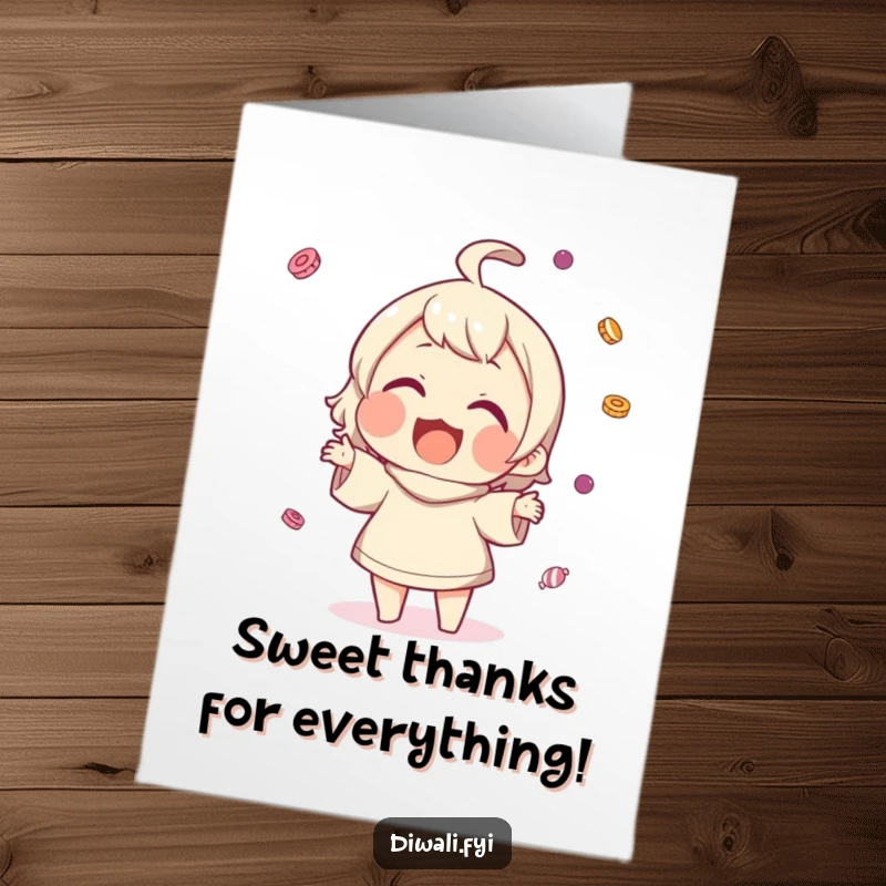 Funny Free Printable Thank You Card: Character smiling widely while gleefully tossing small sweets into the air as thanks.