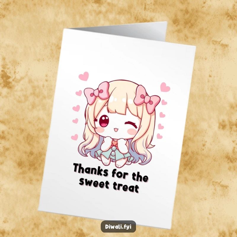 Funny Free Printable Thank You Card of a character presenting a delightful assortment of sweets, tied with a bow, for a sweet and humorous thank you.