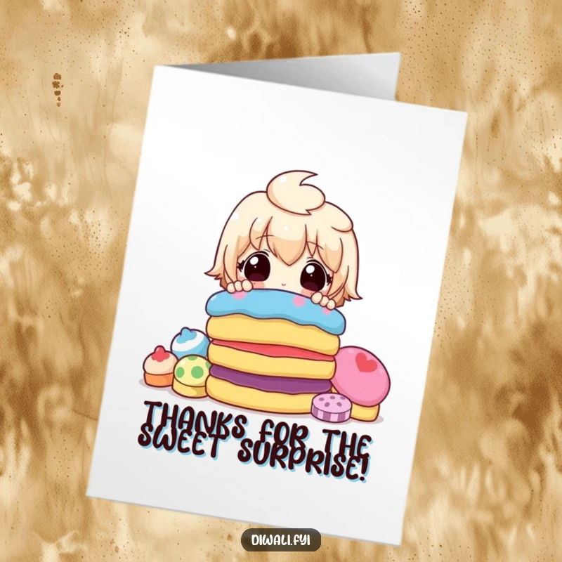 Funny Free Printable Thank You Card: A shocked character pops out from behind a pile of vibrant sweets, saying thanks.