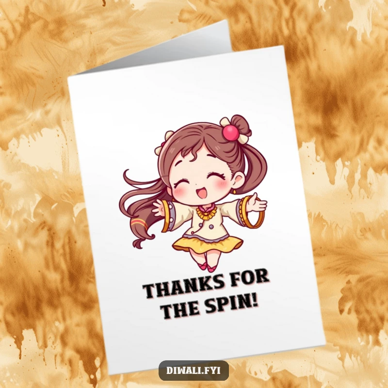 Funny Free Printable Thank You Card: Character twirling with festive bangles, a dynamic print-at-home expression of gratitude.