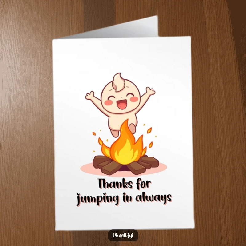Funny Free Printable Thank You Card: Happy character joyfully leaping over a small bonfire with infectious laughter.
