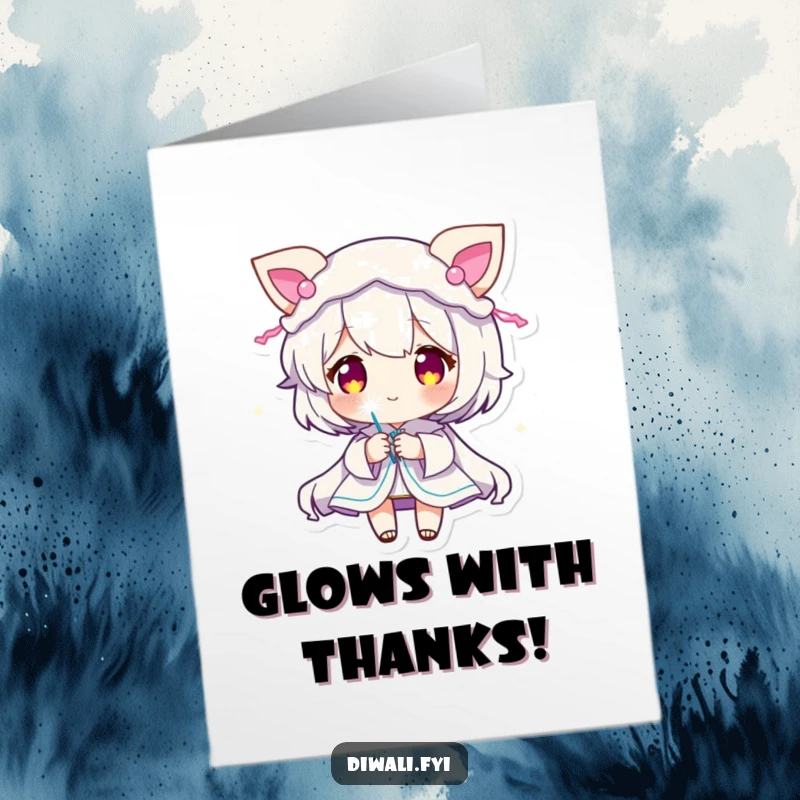 Funny Free Printable Thank You Card: Small character with glowing decorations and a sparkler, radiating appreciation.