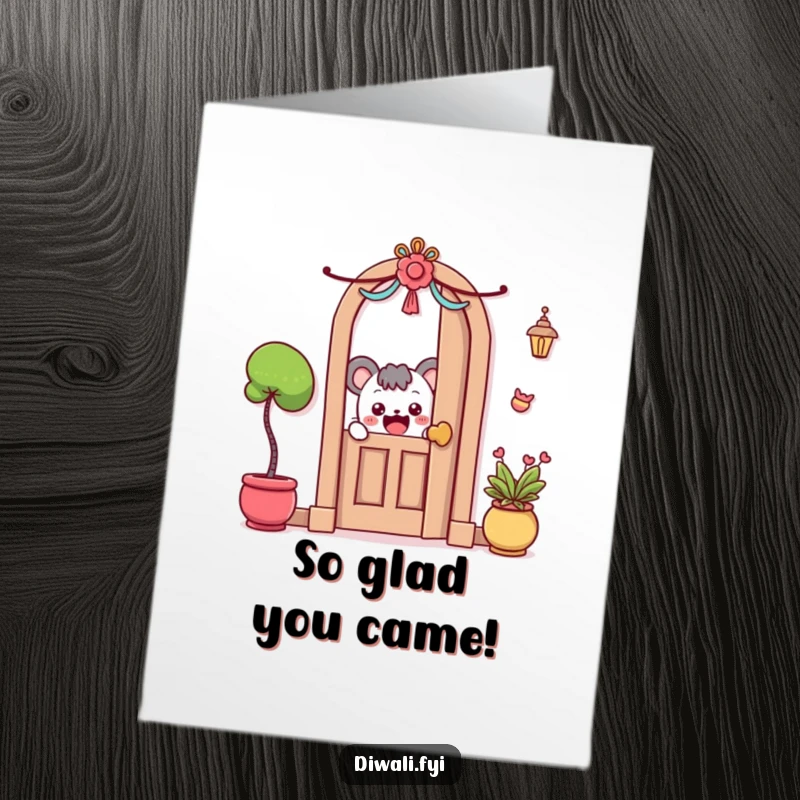 Funny Free Printable Thank You Card: A curious character peeks excitedly around a decorated doorway, ready to thank you.