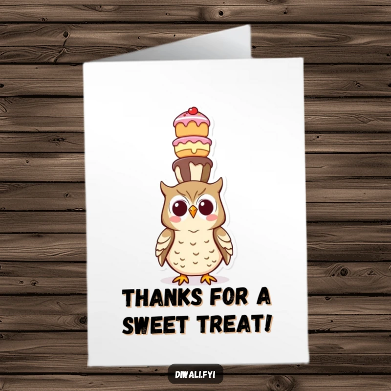 Funny Free Printable Thank You Card: A happy owl character balancing a precarious stack of tempting sweets on its head, conveying thanks.