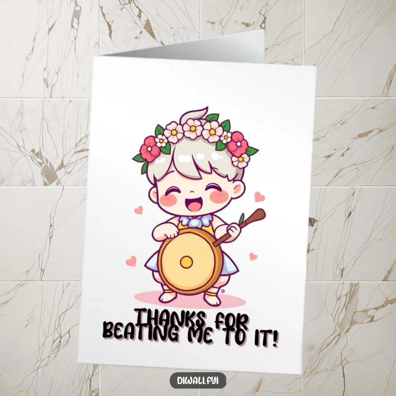 Funny Free Printable Thank You Card: A character in a garland joyfully plays a drum, offering thanks with a festive and spirited rhythm.