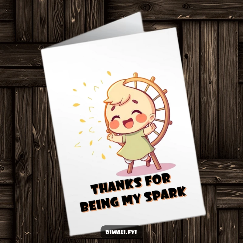 Funny Free Printable Thank You Card: Giggling character chasing sparks from a Catherine wheel, sending thanks.