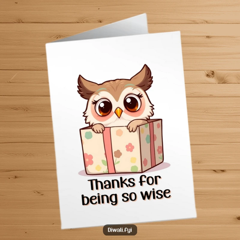 Funny Free Printable Thank You Card: Surprised Owl Peeking from a Gift Box, Expressing Gratitude