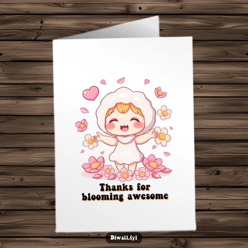 Funny free printable thank you card featuring a giggling character juggling shimmering flower petals, a delightful way to express gratitude.