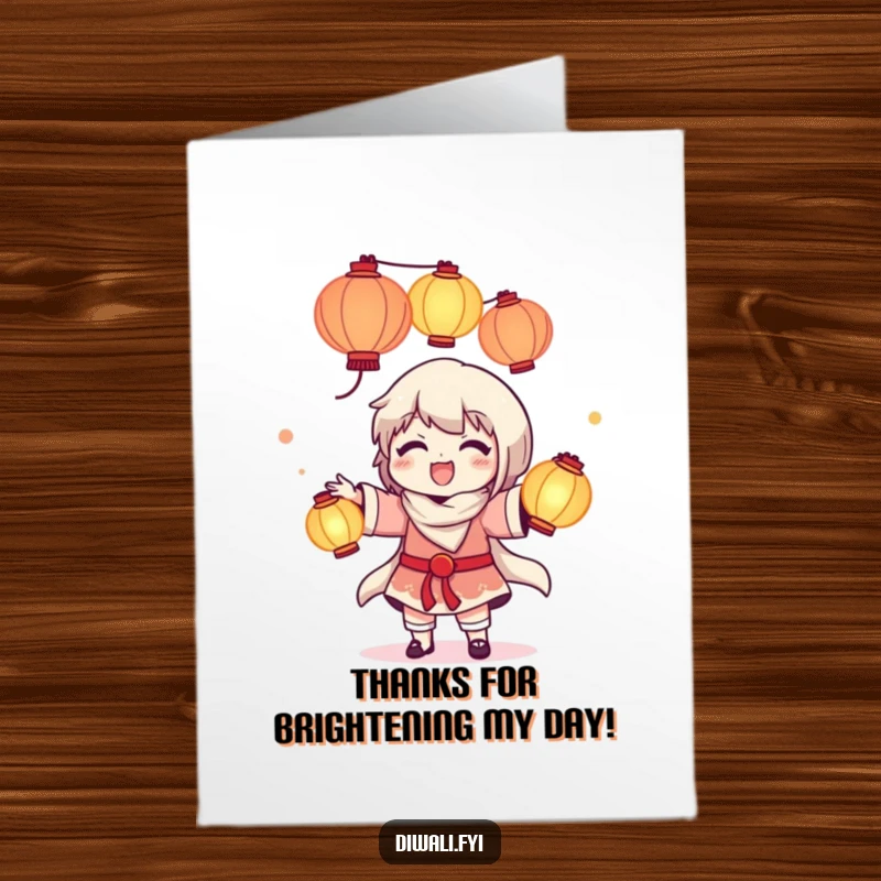 Funny Free Printable Thank You Card: A character joyfully juggles glowing lanterns, showing appreciation with light and flair.