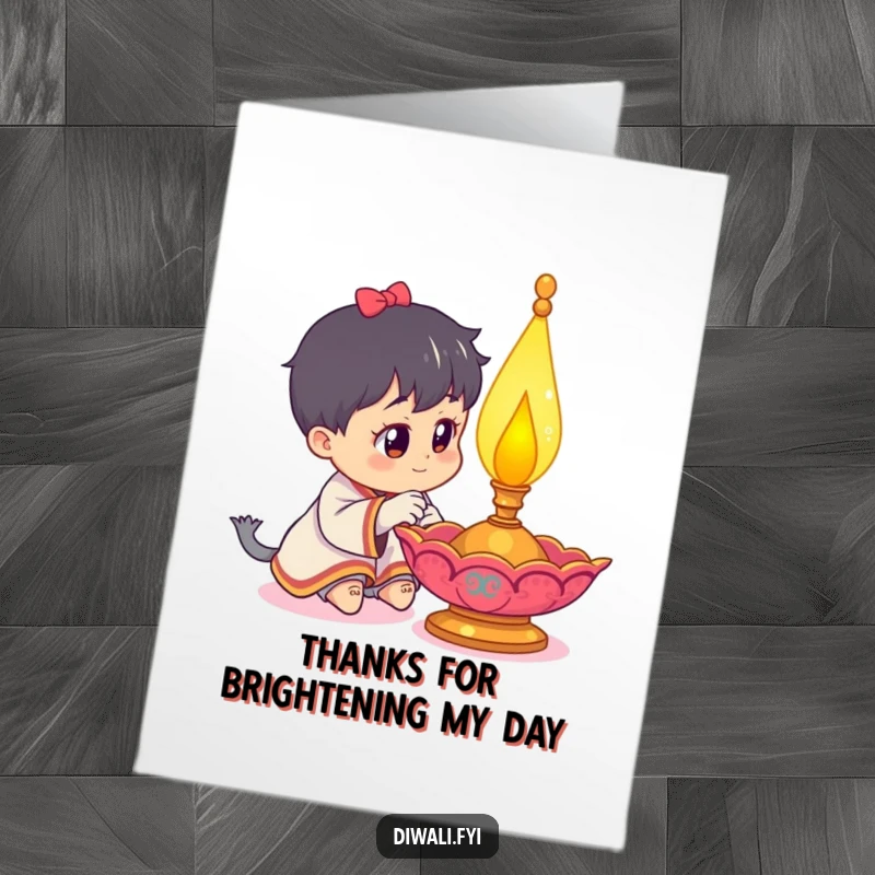 Funny Free Printable Thank You Card: A curious character is captivated by a beautifully illuminated diya lamp.