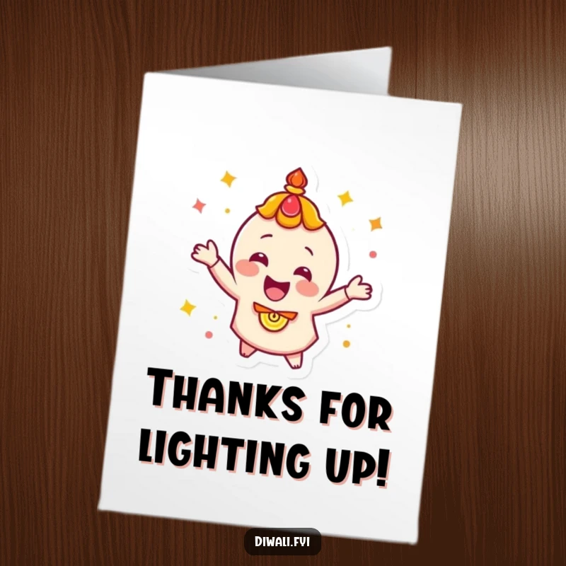 Funny Free Printable Thank You Card featuring a happy diya character in a celebratory spin, expressing gratitude with energy.