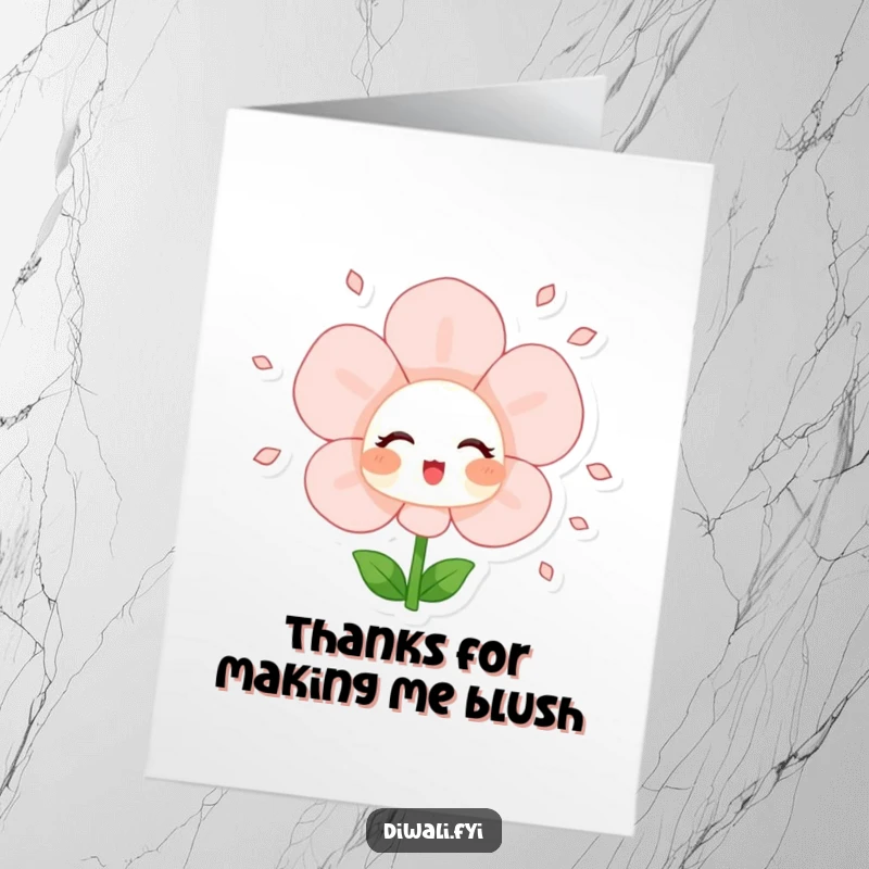 Funny Free Printable Thank You Card with a blushing flower character showering petals, conveying thanks with a joyful flourish.