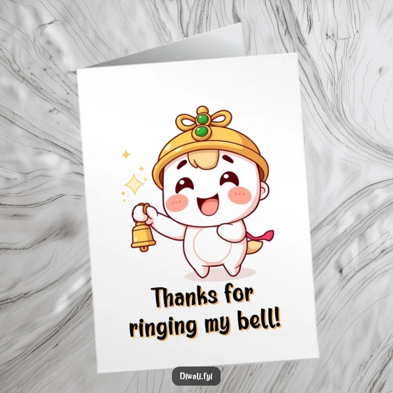 Funny Free Printable Thank You Card: Character excitedly ringing a bell with sparks flying, expressing heartfelt thanks.