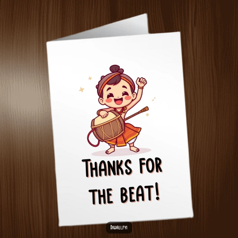 Funny Free Printable Thank You Card of a joyful character playing a dhol drum with energetic rhythm, conveying deep thanks.