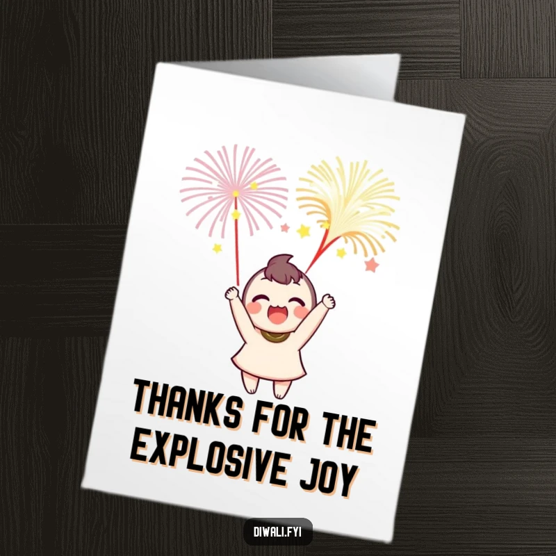 Funny Free Printable Thank You Card: A happy character celebrating with a shower of small, vibrant fireworks.
