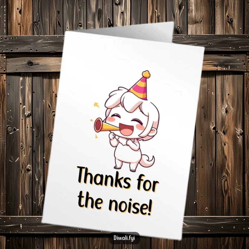 Funny Free Printable Thank You Card showing a character happily blowing a party horn, conveying enthusiastic gratitude and thanks.