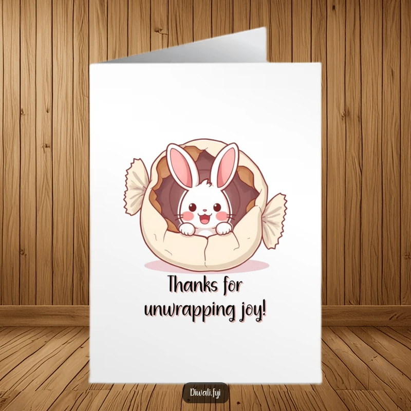 Funny Free Printable Thank You Card: A surprised bunny peeking from within a giant, cracked sweet wrapper, conveying a sweet thank you.