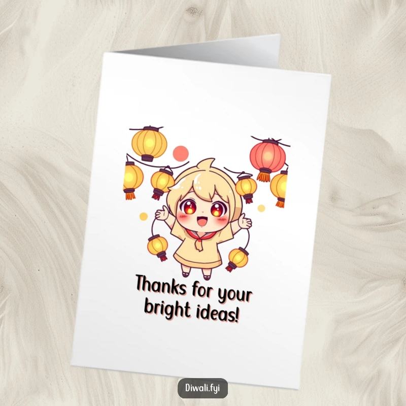 Funny Free Printable Thank You Card of a character joyfully juggling glowing lanterns with excited eyes, conveying thanks.