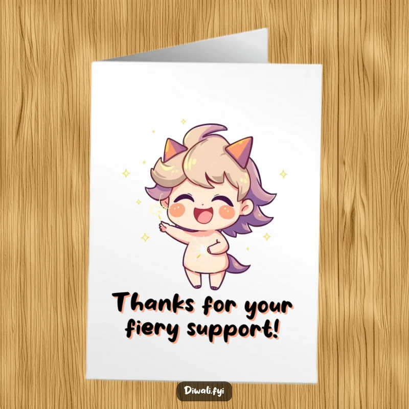 Funny Free Printable Thank You Card: Joyful character with fiery aura holding a sparkler.