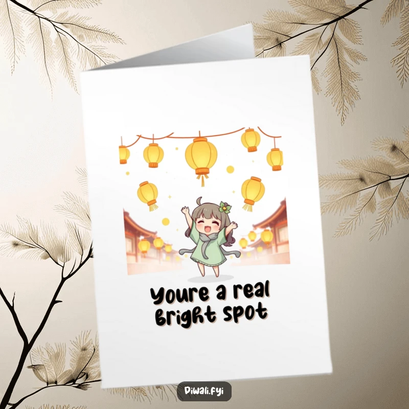Funny free printable thank you card depicting a character joyfully tossing glowing lanterns, a magical expression of gratitude.