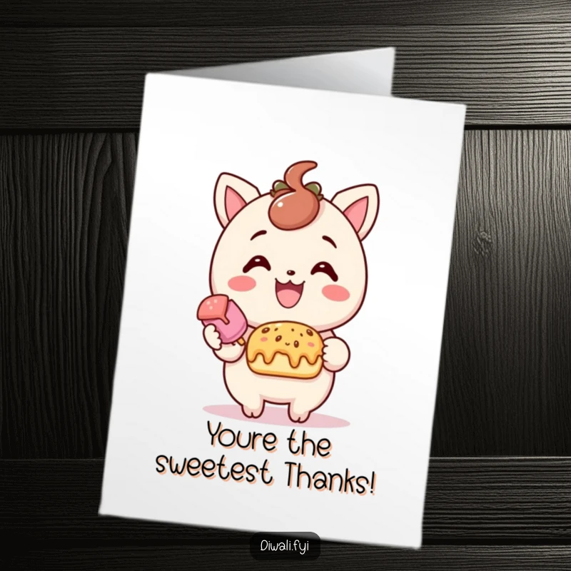 Funny free printable thank you card featuring a delighted character offering a sweet treat with a big smile, a delicious way to say thanks.