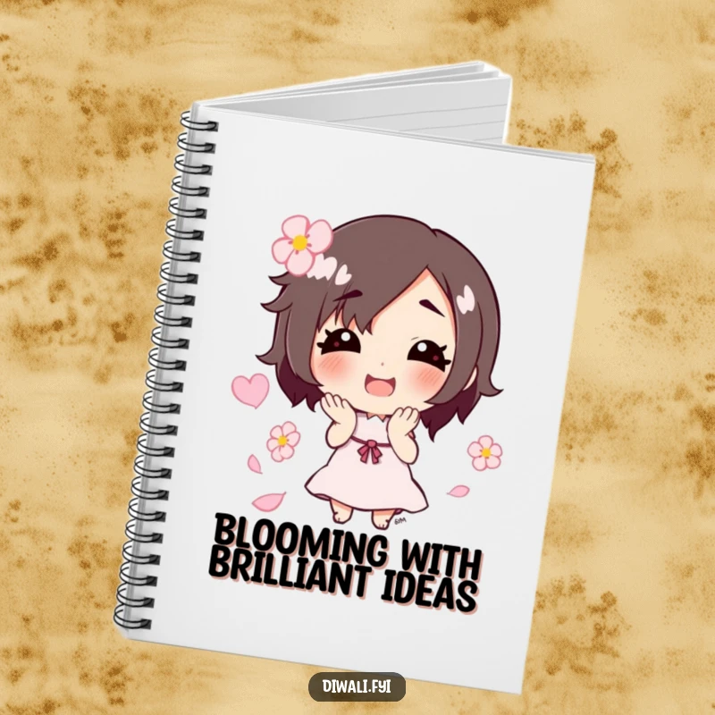Funny notebook cover featuring a smiling character gracefully tossing a handful of flower petals, inspiring creativity and cheerfulness.