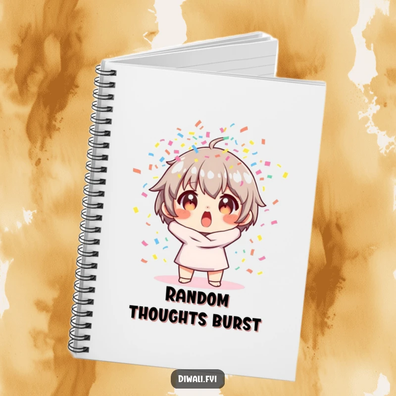 Funny notebook cover with a surprised character reacting to an explosion of colorful confetti, symbolizing unexpected inspiration.