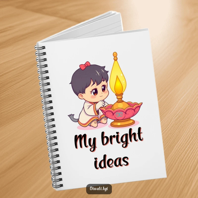 Funny notebook cover with a curious character studying a beautifully decorated, lit diya lamp, ideal for capturing thoughts.