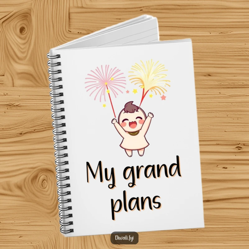 Funny notebook cover featuring a delighted character launching colorful fireworks, ideal for jotting down celebratory thoughts.