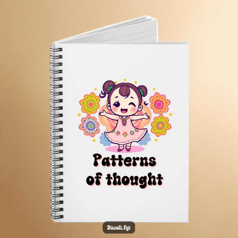 Funny notebook with a delighted character dancing amongst colorful rangoli patterns, inspiring creative and festive note-taking.
