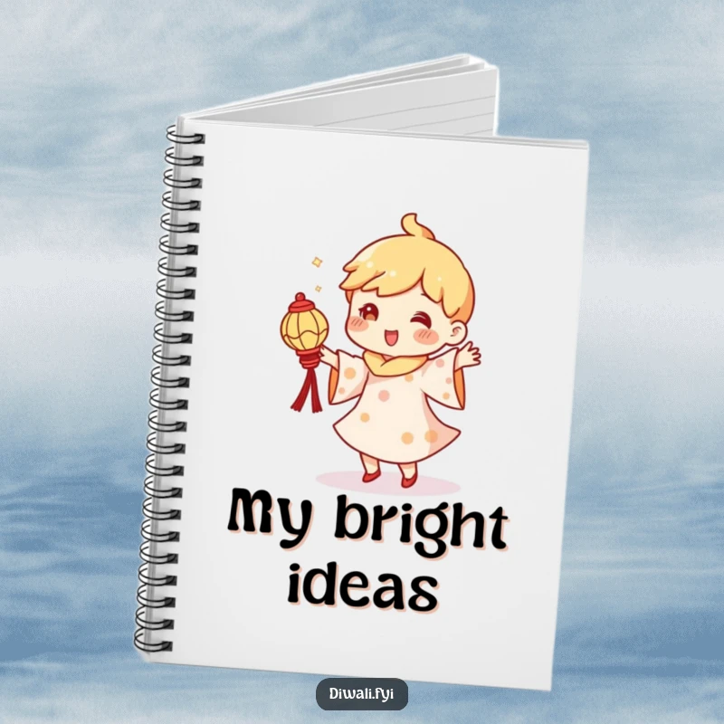Funny notebook cover with a character doing a silly dance, holding a tiny glowing diya lantern, symbolizing creativity and joy.
