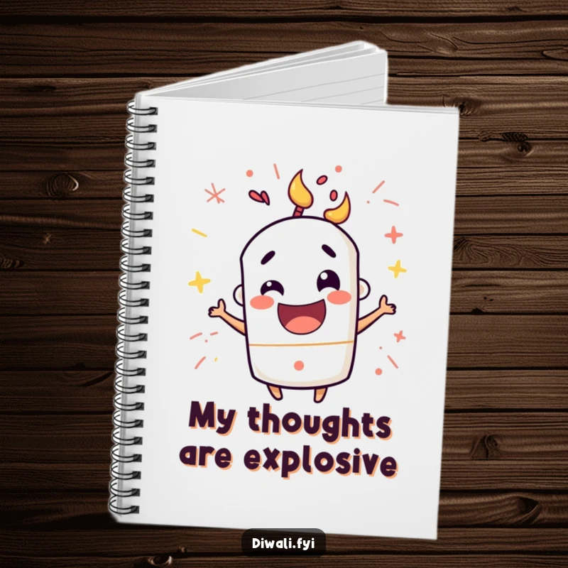 Funny notebook with a mischievous firecracker character popping with happy excitement, ideal for jotting down ideas with energetic flair.