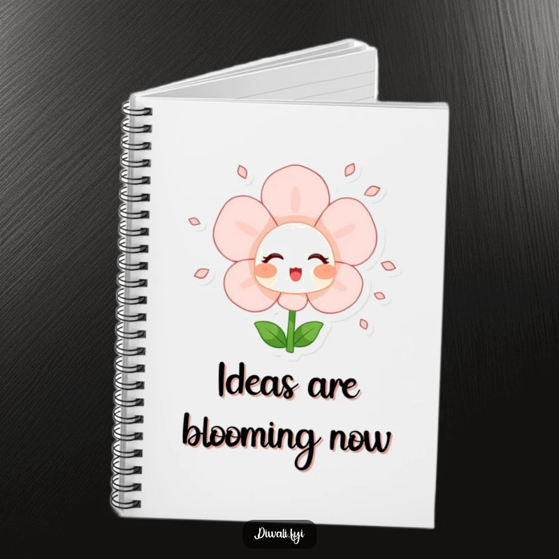 Funny notebook with a blushing flower character joyfully showering petals, ideal for note-taking with a touch of natural beauty.