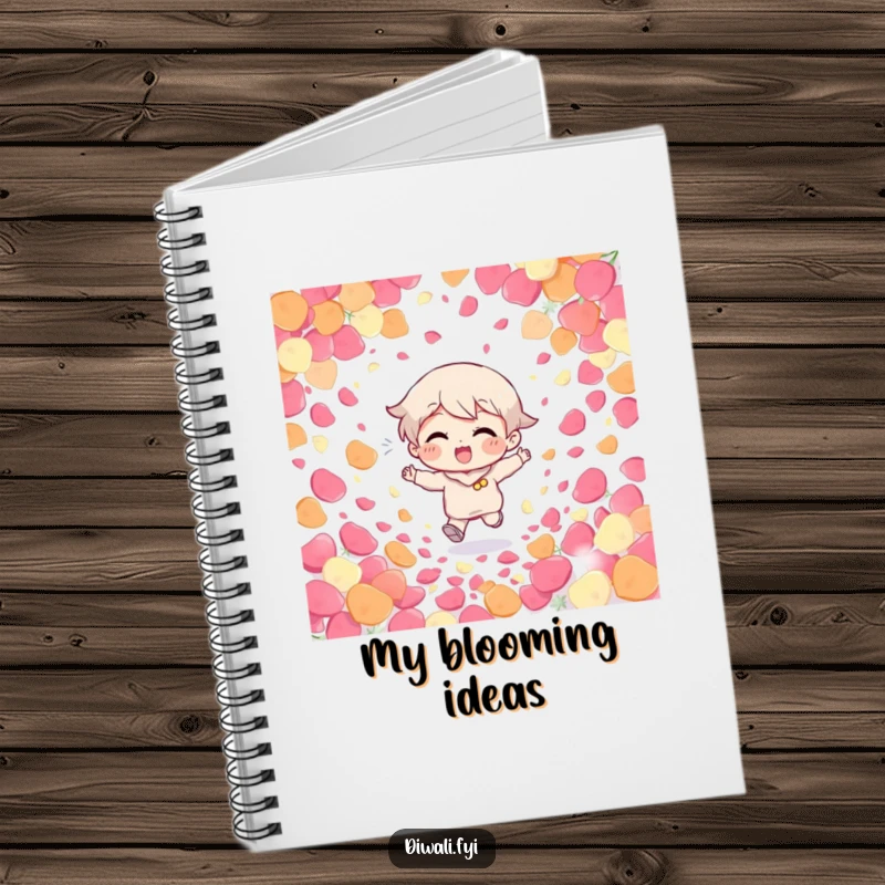 Funny Giggling Character Notebook: A giggling character runs through colorful petals, perfect for jotting down joyful thoughts and creative ideas.