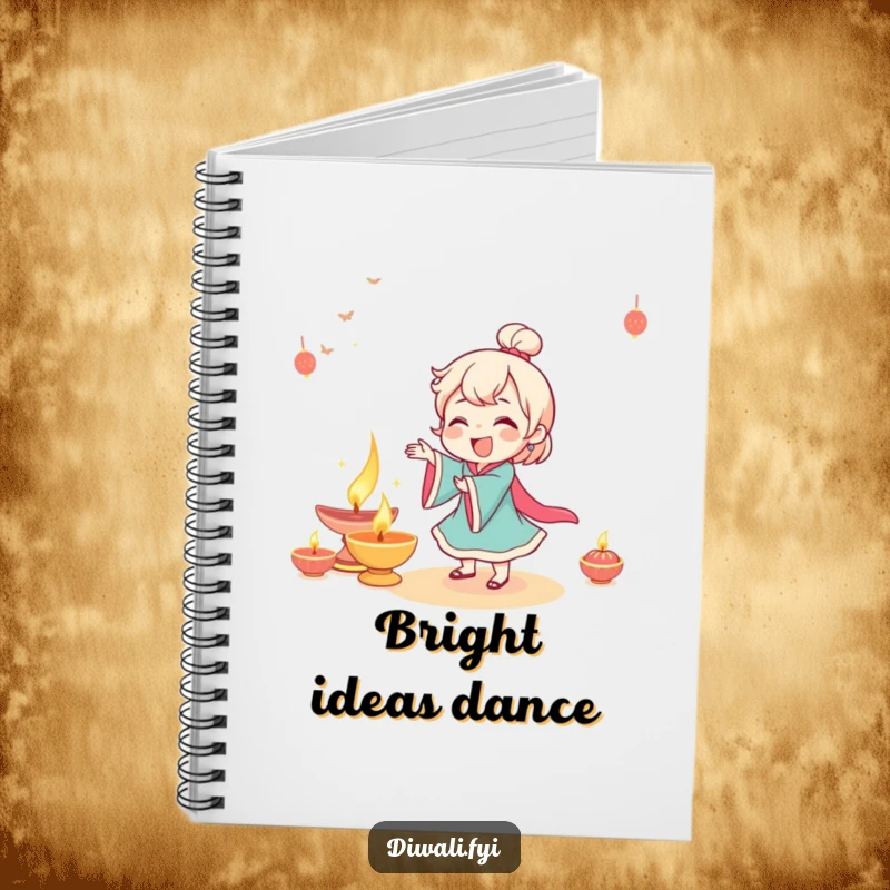 Funny character giggling while dancing near a beautifully lit diya, perfect for jotting inspired thoughts.