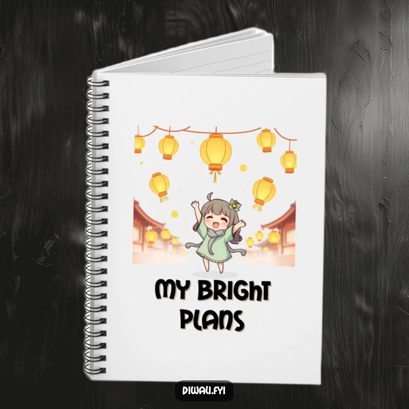 Funny lantern tossing notebook, cute character joyfully tossing glowing lanterns, magical journal, creative writing gift for dreamers.