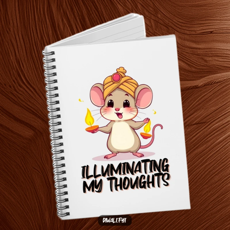 Funny notebook featuring a startled mouse wearing a turban, juggling glowing diyas, designed for jotting down bright ideas and festive plans.