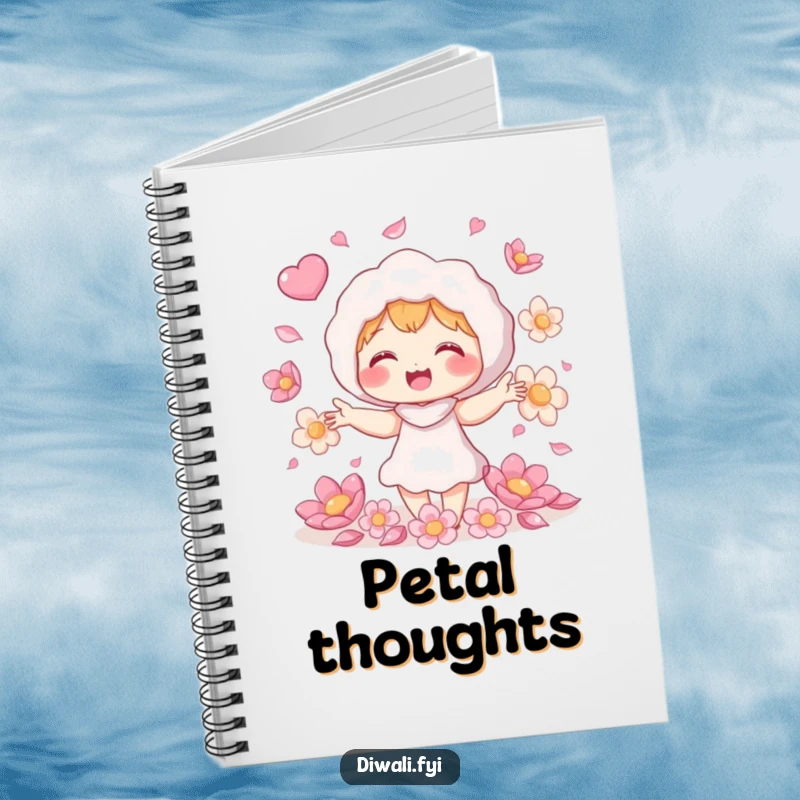 Funny petal juggling notebook, giggling character juggling shimmering flower petals, cheerful journal, playful writing gift.