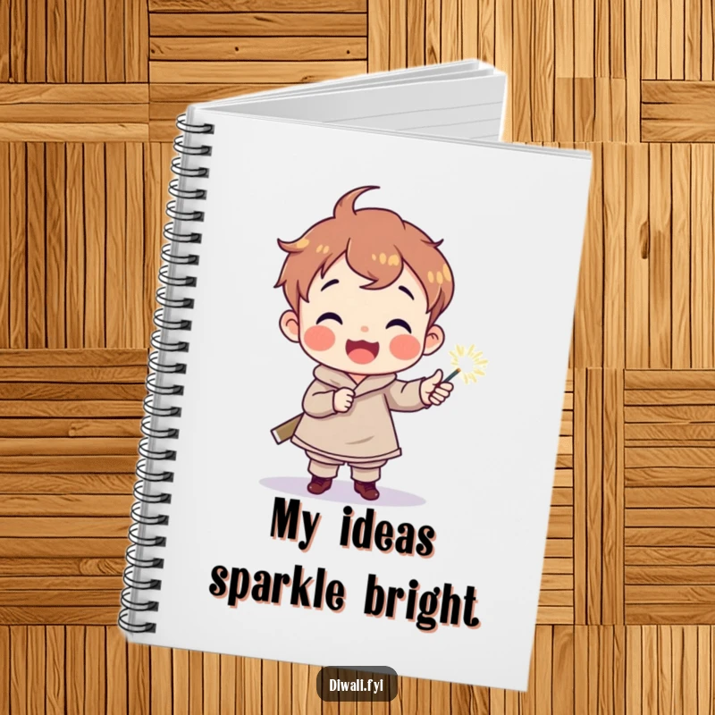 Funny notebook with a delighted child character holding a sparkler torch, ideal for jotting down magical ideas with a touch of wonder.