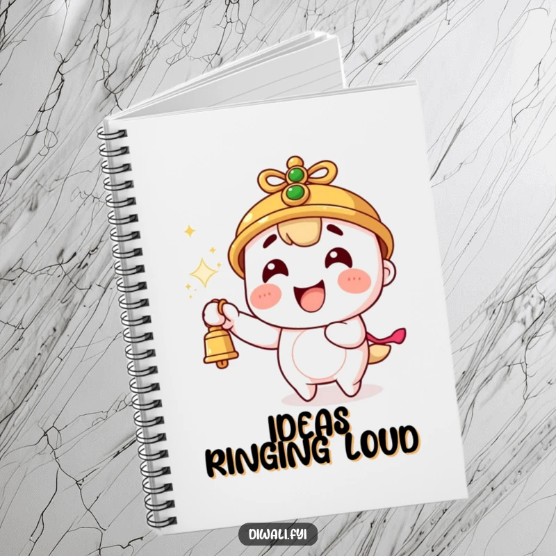 Funny notebook cover with a character ringing a bell energetically, sparks flying, symbolizing inspiration and excitement for writing.