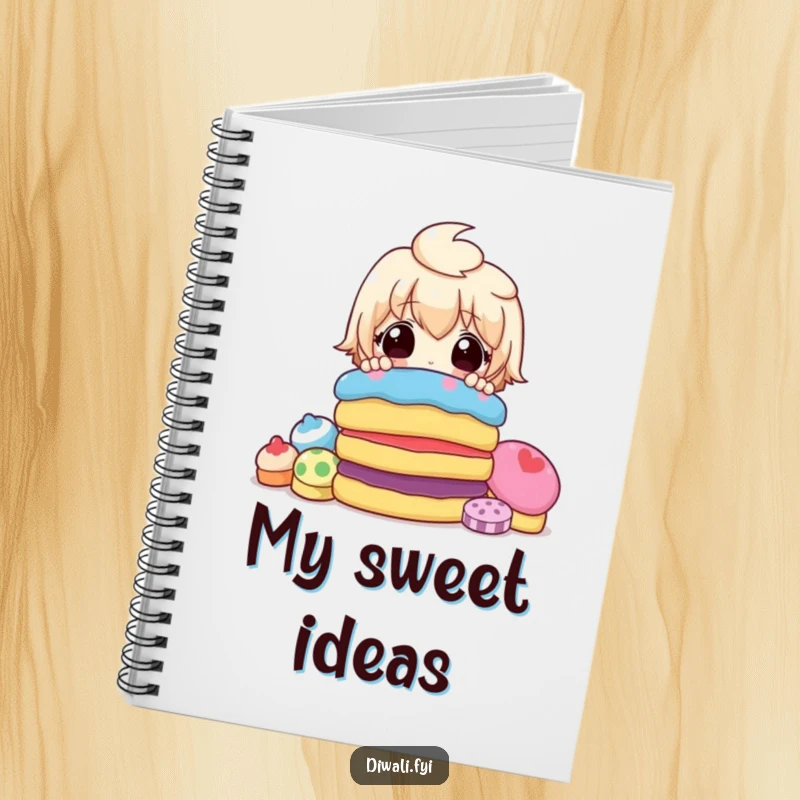 Funny notebook with a surprised character peeking over colorful sweets, perfect for capturing thoughts and inspirations with a humorous touch.