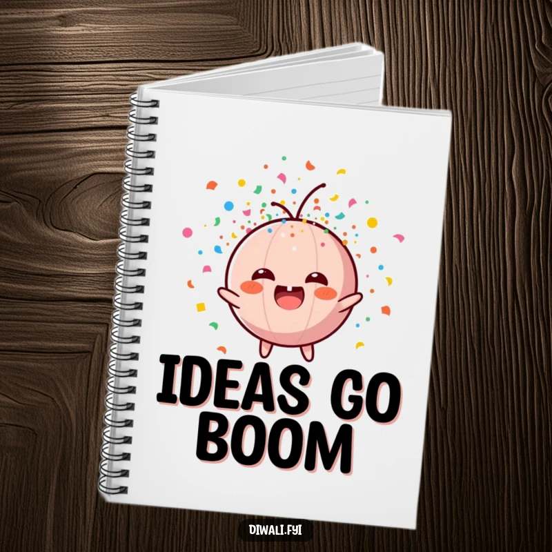 Funny notebook with a happy firecracker character exploding in a colorful confetti shower, perfect for writing and notes.