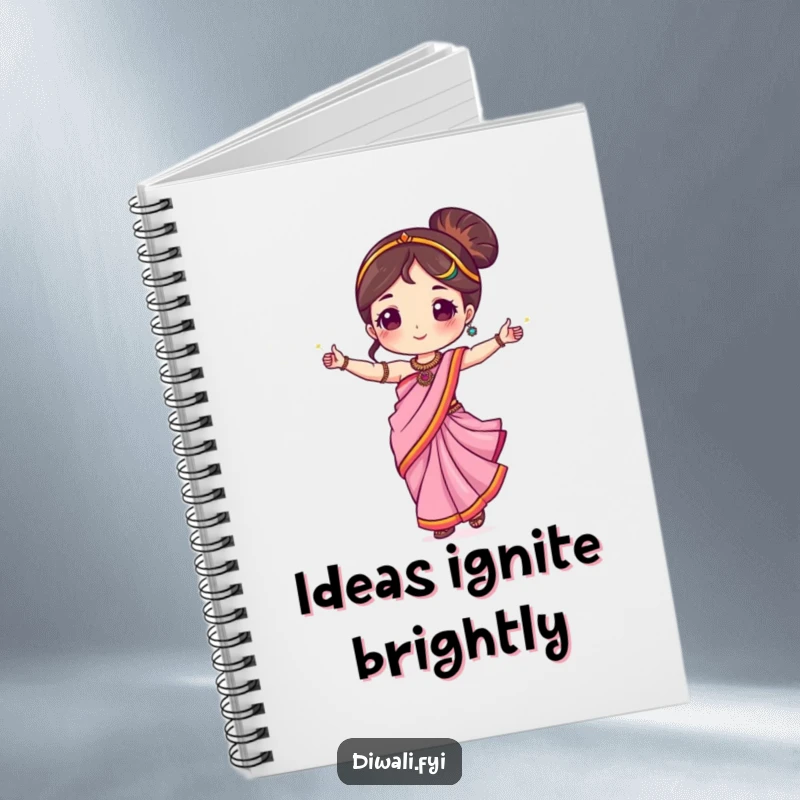 Funny notebook with a cute character in a sari, dancing with sparklers, perfect for journaling.