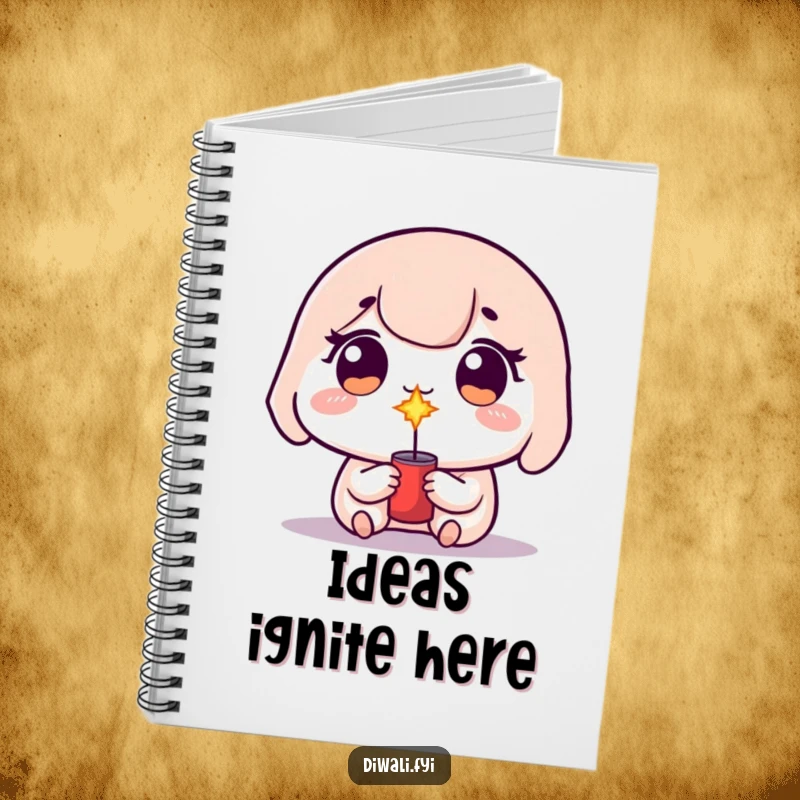 Funny kawaii character with sparkling eyes, holding a small, lit firecracker, inspiring creative sparks.