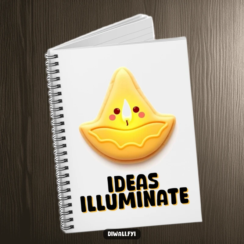 Funny notebook featuring a sugar cookie diya lamp character emitting a warm, gentle light, ideal for notes and journaling.