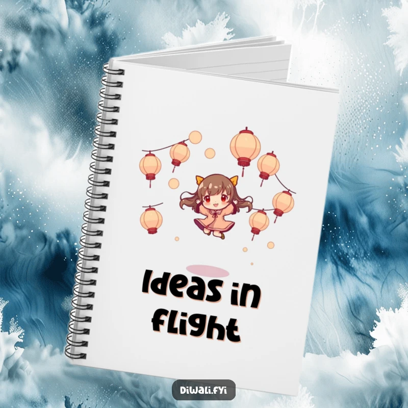 Funny notebook, character playfully jumping and twirling, amidst floating lanterns, ideal for jotting down magical notes.