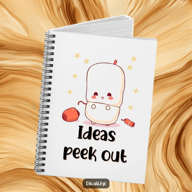Funny notebook with a small, curious firecracker character peeking from behind a larger one, great for notes.