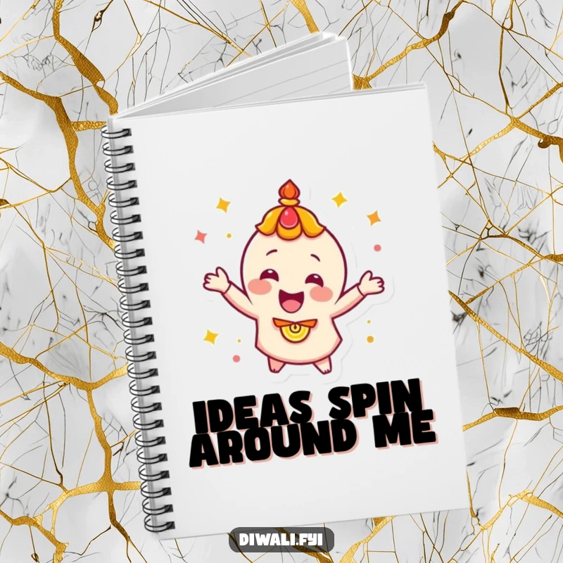 Funny, happy diya character energetically spinning, featured on the cover of a notebook for writing and sketching.